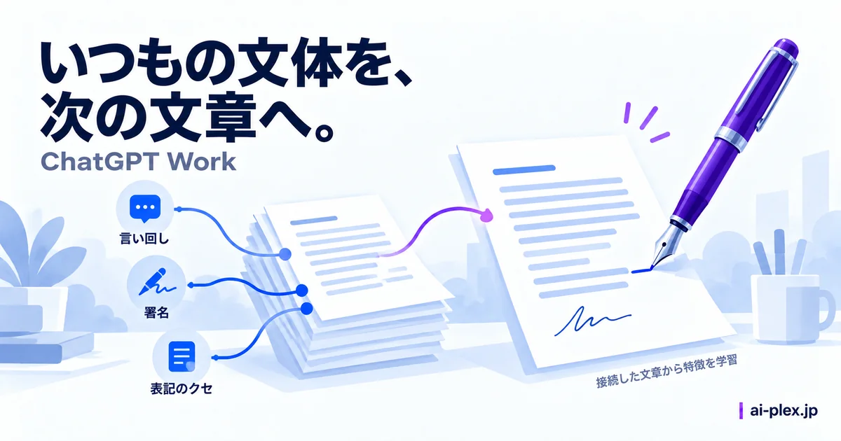 接続したメールや文書から言い回しや署名の特徴を取り入れ、文章作成へ反映する流れ