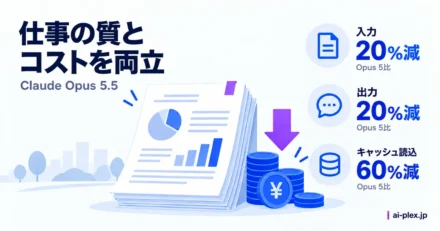 書類と費用を表すコイン、および従来モデル比で入力・出力単価20％減、キャッシュ読込単価60％減の比較