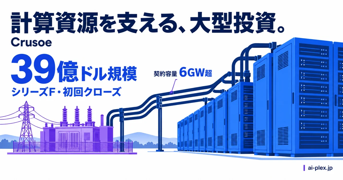 電力設備とサーバー群を結び、Crusoeの39億ドル規模のシリーズFと初回クローズ、契約容量6GW超を示している