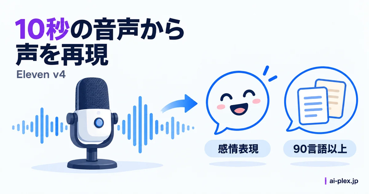 10秒の音声サンプルから声を再現し、感情表現と90以上の言語に対応するEleven v4