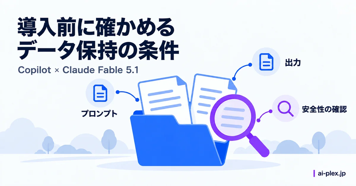 プロンプトと出力の書類を収めた青いフォルダと、内容を確かめる紫の虫眼鏡