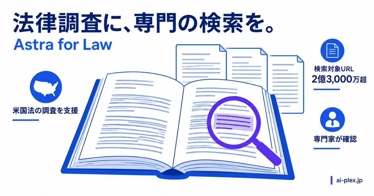 米国法の資料を検索する本と虫眼鏡に、検索対象が2億3,000万超のURLであることと専門家の確認を添えている