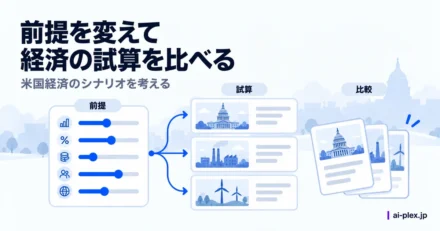 「前提を変えて経済の試算を比べる」を表したイラスト