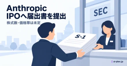 登録届出書S-1を窓口へ提出する担当者と、株式数・価格帯が未定であることを示した場面