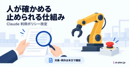 書類を確認する手と、停止ボタンを備えたロボットアーム