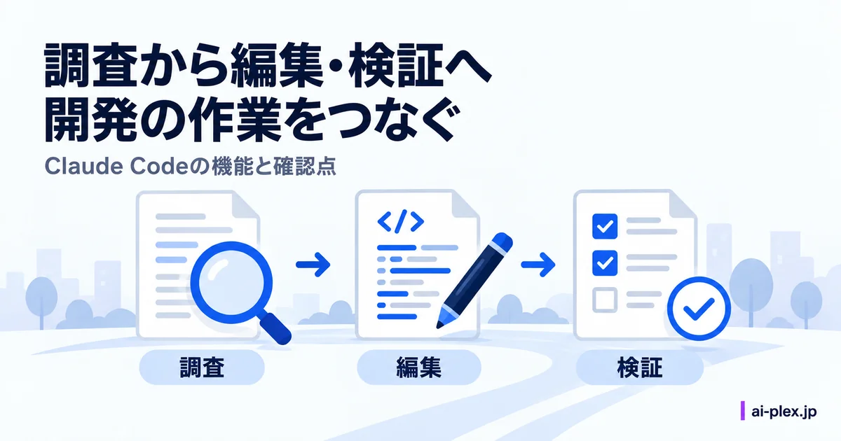 「調査から編集・検証へ開発の作業をつなぐ」を表したイラスト