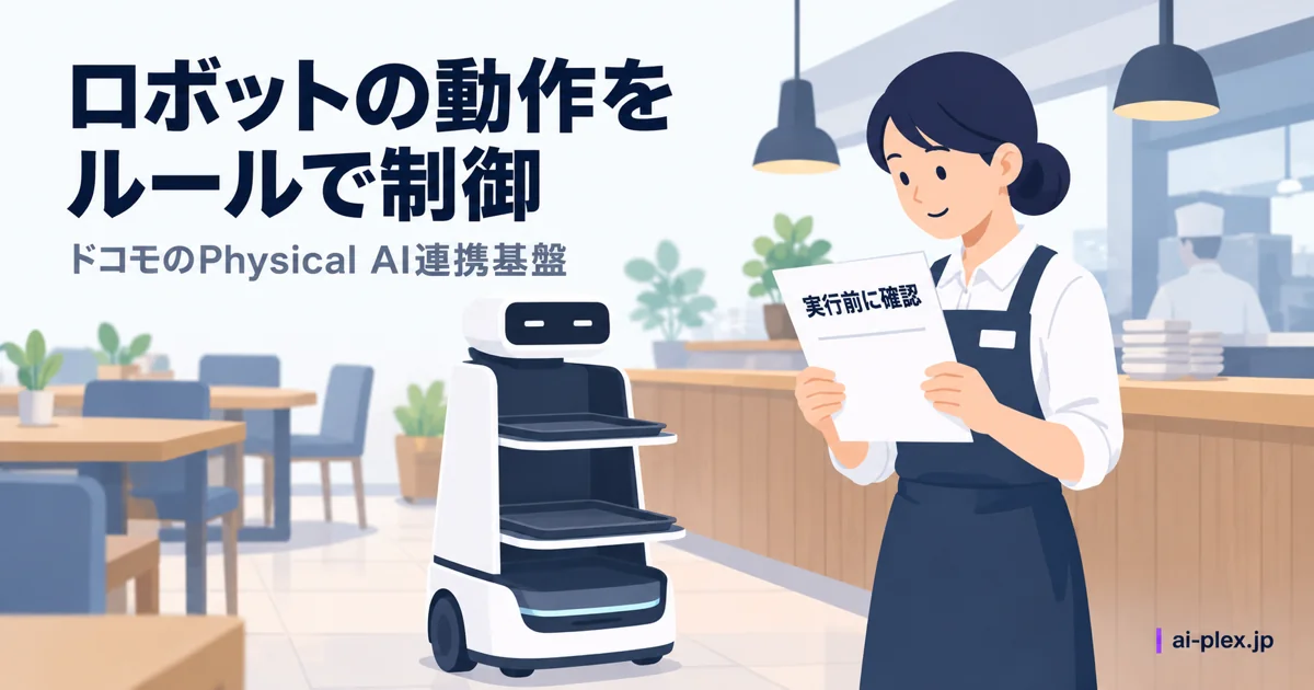 飲食店のカウンターで待機する配膳ロボットと実行前の確認を示す紙を持つ担当者