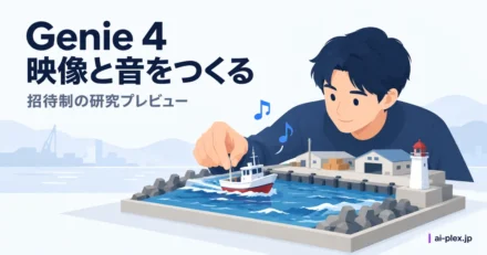 港の模型を使って映像の場面を検討する担当者と、音を表す音符