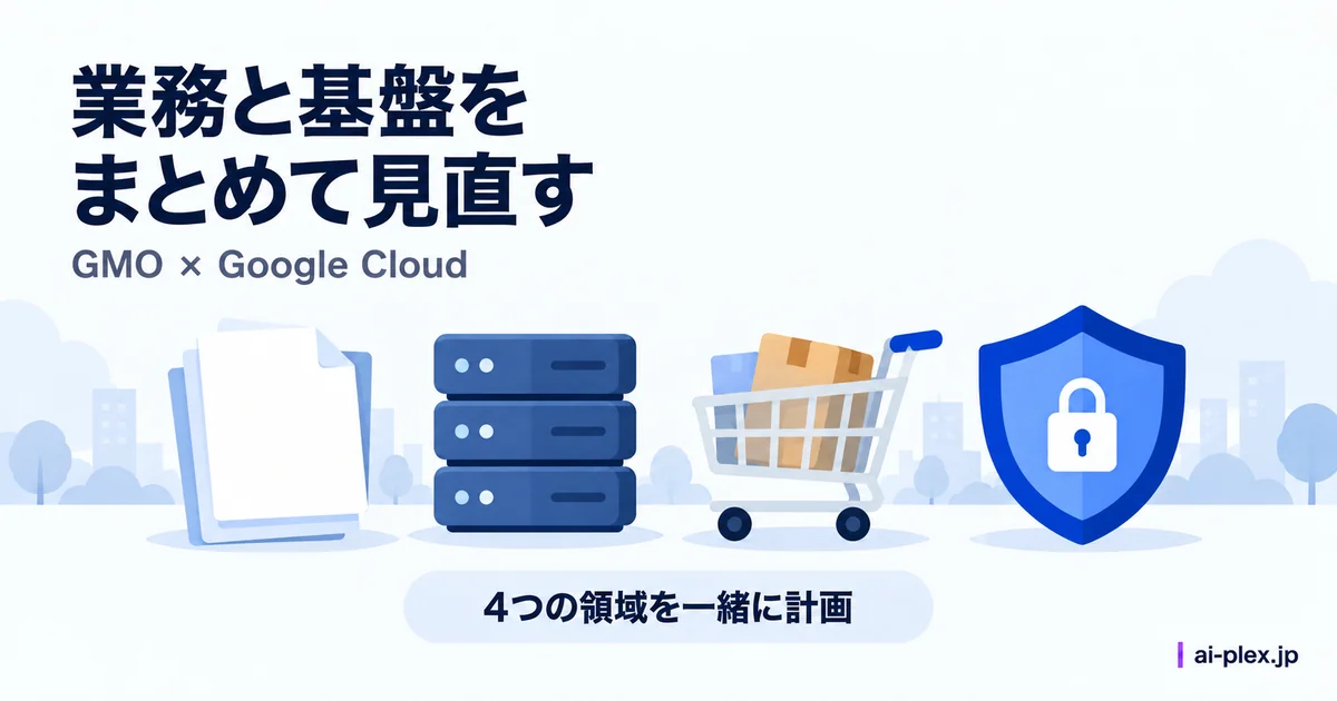 業務の書類、データ基盤、買い物かご、防御の盾を並べた四つの取り組み