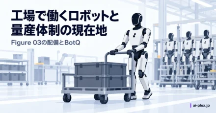 「工場で働くロボットと量産体制の現在地」を表したイラスト