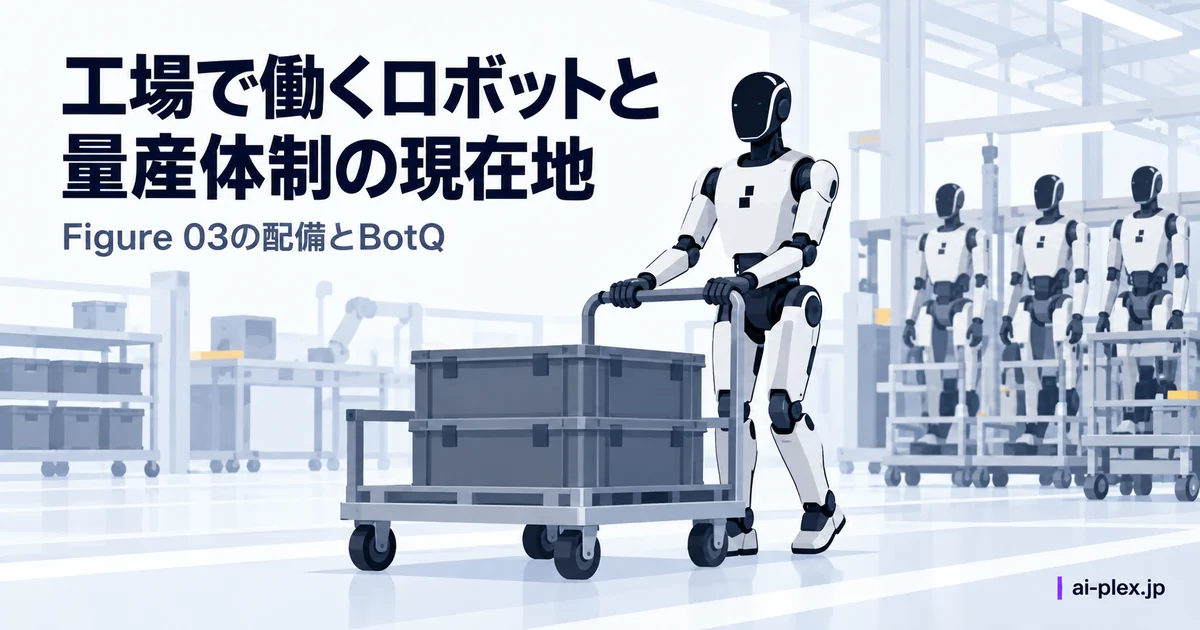「工場で働くロボットと量産体制の現在地」を表したイラスト
