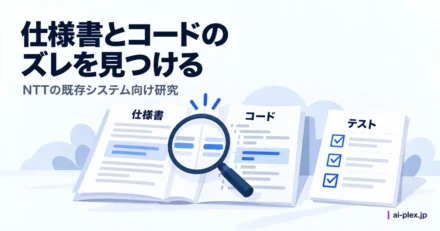 仕様書とコードの食い違いを虫眼鏡で調べ、テストの確認用紙と照合する場面