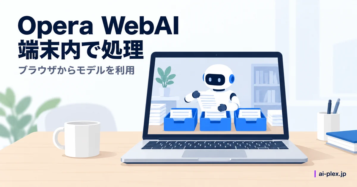 パソコンの画面内で書類を仕分けるロボットを描き、端末内の処理を表す場面